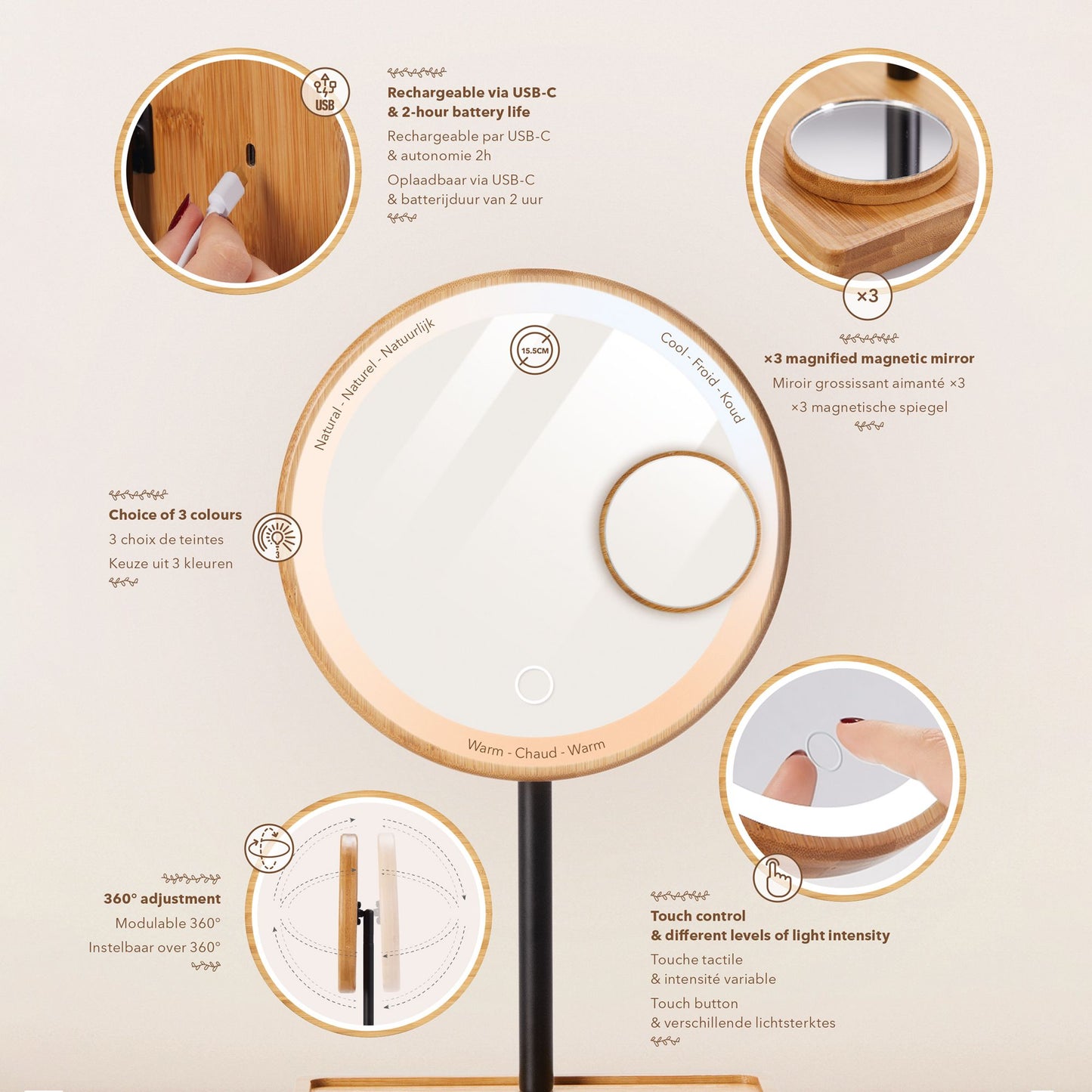 Lanaform Bamboo Mirror – Laddningsbar sminkspegel med LED-belysning och bambudetaljer