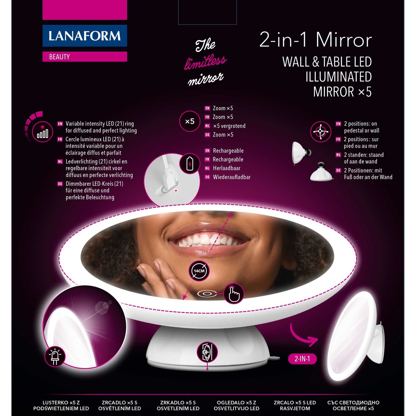 Lanaform 2in1 Mirror – Dubbelsidig sminkspegel med LED-belysning och 5x förstoring