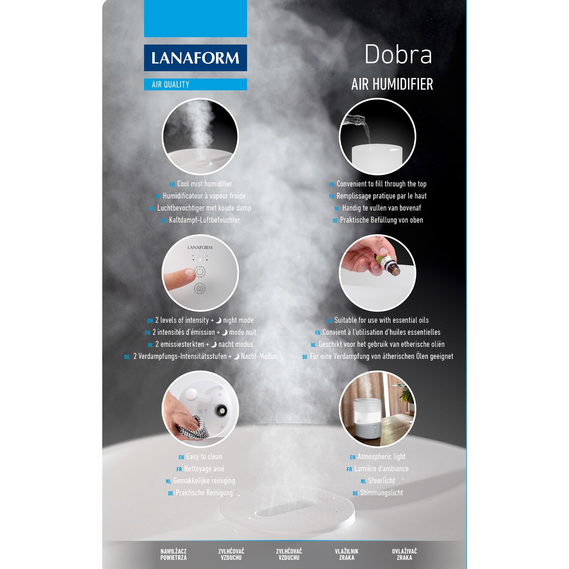 Lanaform Dobra – Luftfuktare med aromadiffuser och LED-ljus i elegant design
