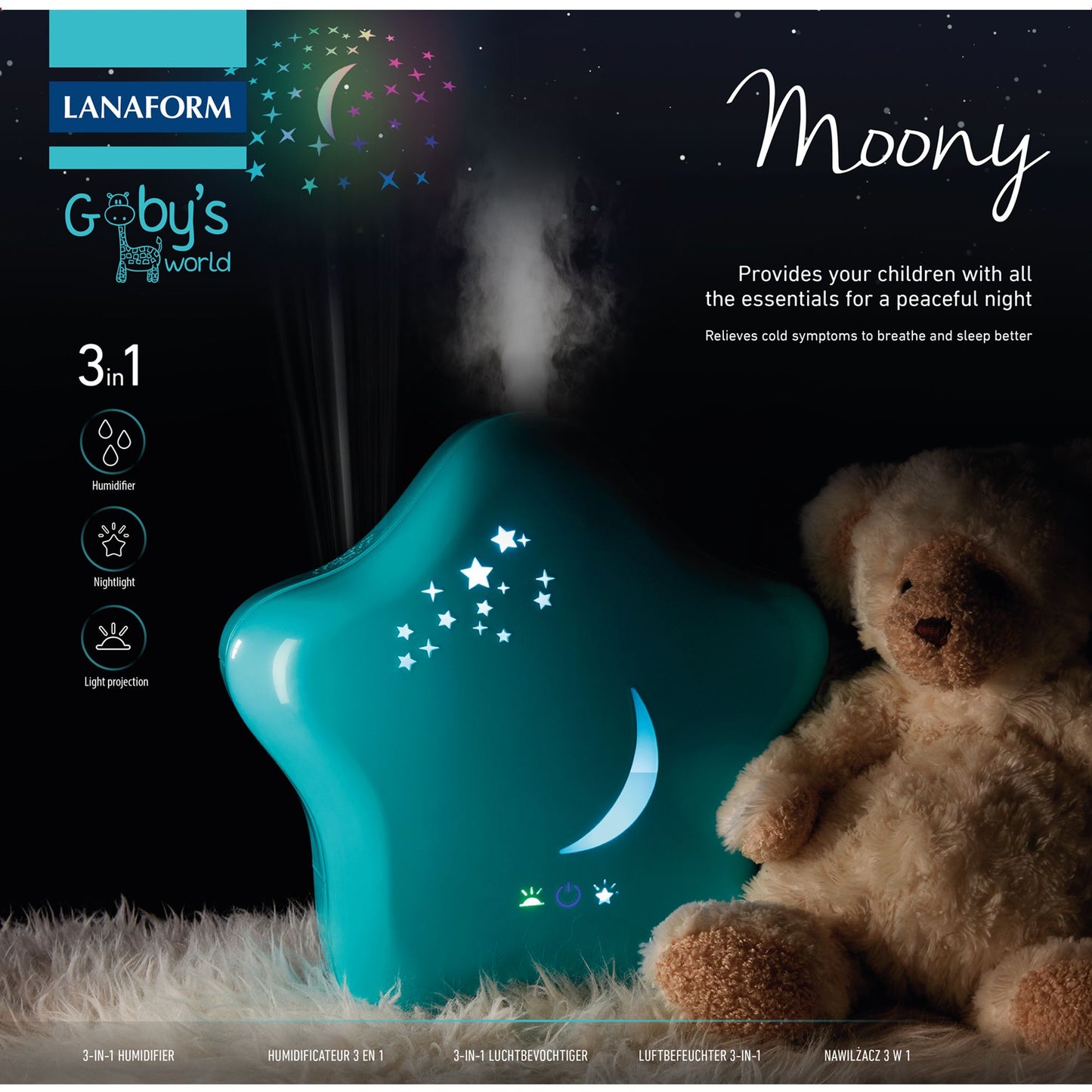 Lanaform Moony – Luftfuktare för barn med nattlampa och kall dimma